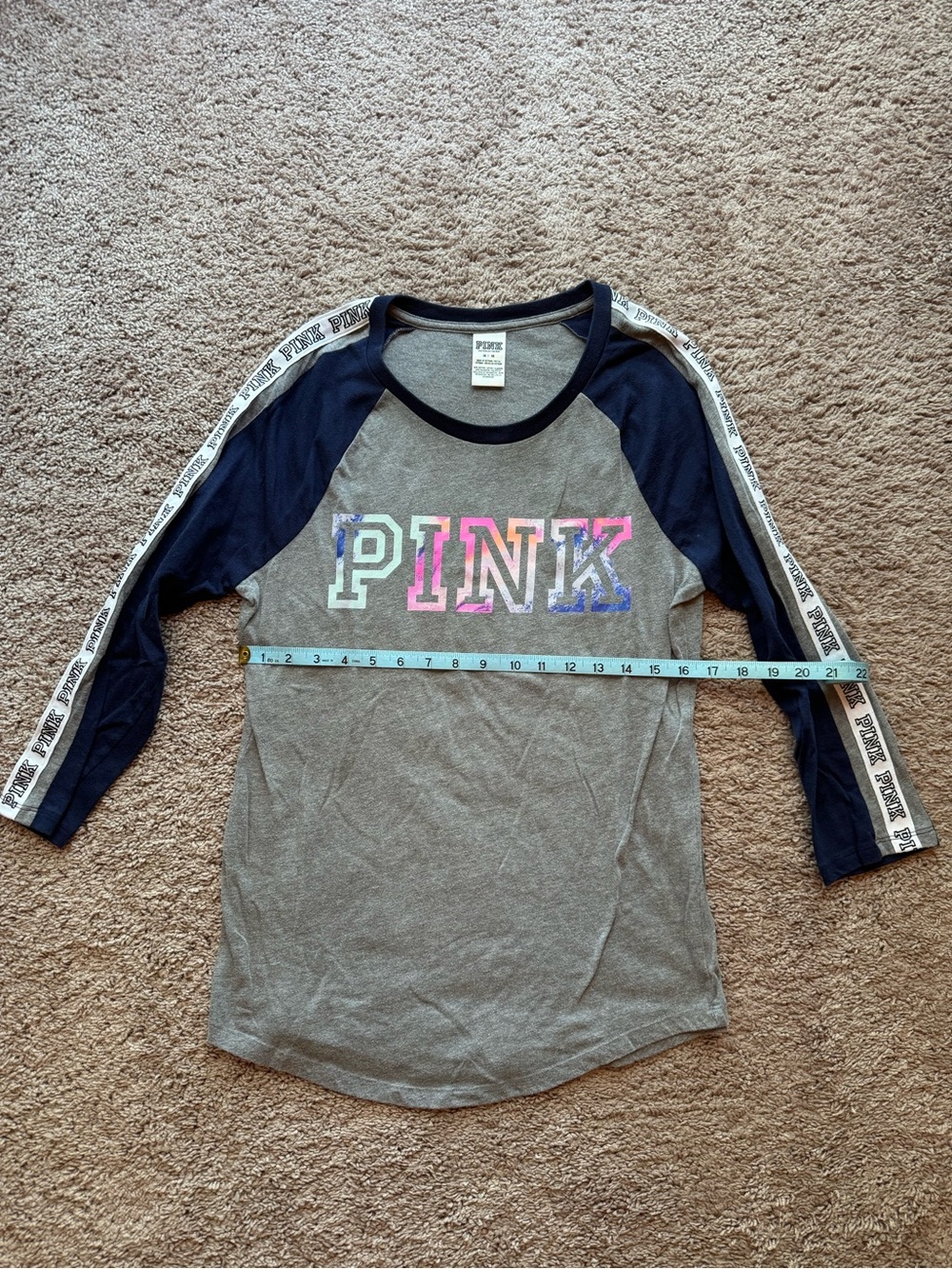 PINK Victoria's Secret Grey & Navy Raglan 3/4 sleeve Tee with Logo size S